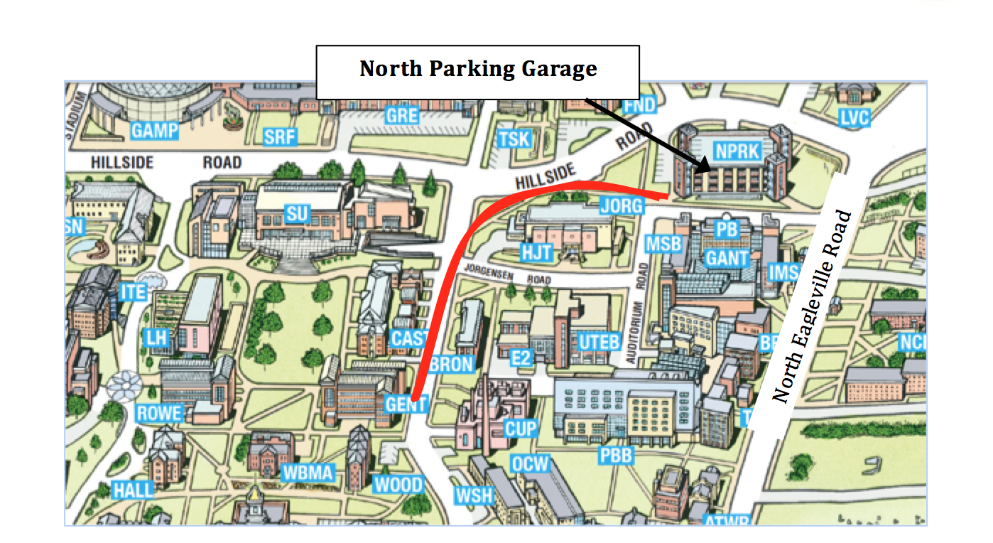 Walking map from Gentry to North Parking Garage